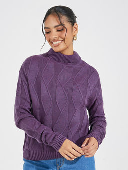 Styli - Women Purple High Neck Boxy Fit Sweater