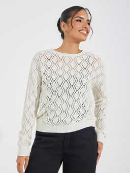 Styli - Women Off White Regular Length Textured Pattern Sweater