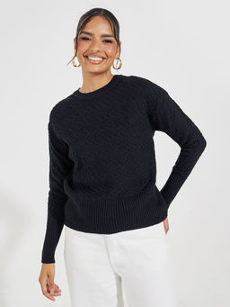 Styli - Women Black Regular Length Sweater with Side Slit