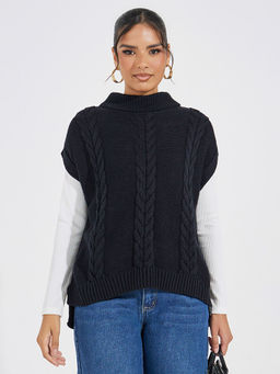 Styli - Women Black Regular Length Boxy Fit Sleeveless High Neck Sweater