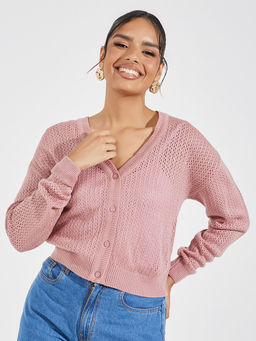 Styli - Women Pink Regular Length Golden Button Cardigan