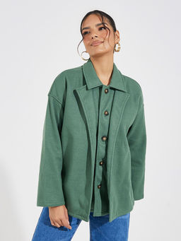 Styli - Women Green Oversize Fit Long Length Mock Double Layer Jacket