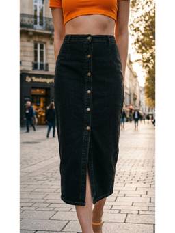 Tripursundari Fashion - Black Long Denim High Waist Straight Fit Button Closure Skirt