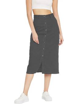 Tripursundari Fashion - Washed Black Long Denim High Waist Straight Fit Button Closure Skirt