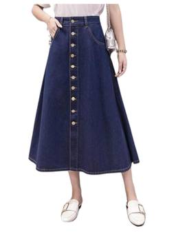 Tripursundari Fashion - Navy Blue A-Line Midi Denim High Waist Button Front Flowy Long Fit Skirt