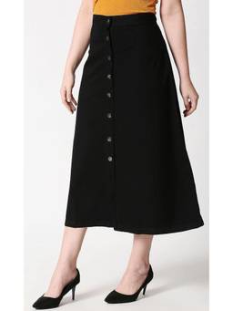 Tripursundari Fashion - Black A-Line Midi Denim High Waist Button Front Casual Long Skirt