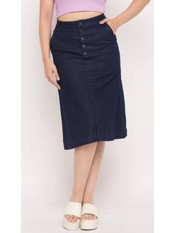 Tripursundari Fashion - Navy Blue A-Line Long Denim High Waist Button Front Skirt