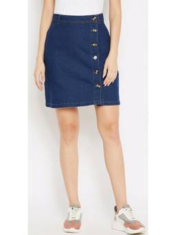 Tripursundari Fashion - Navy Blue Mini Denim High Waist Straight Fit Front Button Closure Skirt