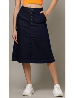 Tripursundari Fashion - Navy Blue A-Line Long Denim High Waist Buttoned Skirt