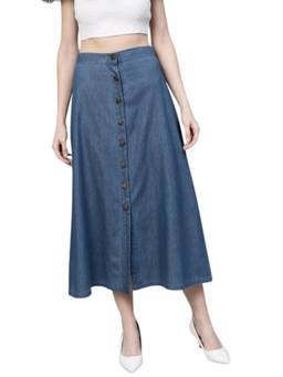 Tripursundari Fashion - Blue A-Line Maxi Lightweight Denim High Waist Buttoned Skirt