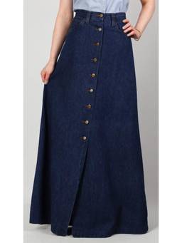 Tripursundari Fashion - Navy Blue A-Line Full-Length Denim High Waist Buttoned Skirt