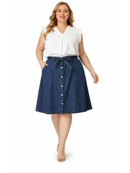 Tripursundari Fashion - Plus Size Navy Blue 6-Button A-Line Denim High Waist Skirt