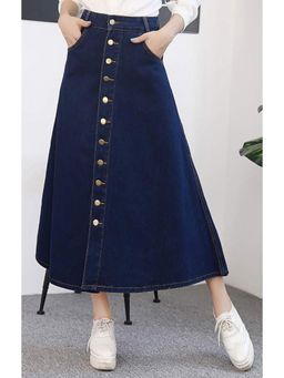 Tripursundari Fashion - Navy Blue A-Line Maxi Denim High Waist Buttoned Skirt