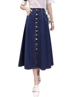 Tripursundari Fashion - Navy Blue 10-Button A-Line Maxi Denim High Waist Casual Wear Skirt
