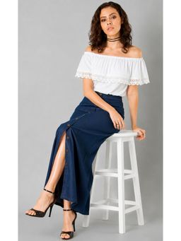 Tripursundari Fashion - Navy Blue A-Line Full Maxi Denim High Waist Buttoned Skirt