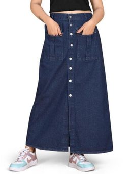 Tripursundari Fashion - Navy Blue Full-Length A-Line Maxi Denim High Waist Buttoned Skirt