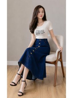 Tripursundari Fashion - Navy Blue A-Line Maxi Denim High Waist Casual Wear Skirt