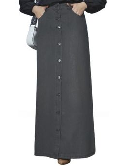 Tripursundari Fashion - Washed Black A-Line Full Maxi Denim High Waist Buttoned Skirt