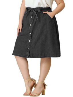 Tripursundari Fashion - Plus Size Washed Black 6-Button A-Line Denim High Waist Skirt