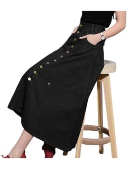 Tripursundari Fashion - Black 10-Button Open-Front A-Line Maxi Denim High Waist Skirt