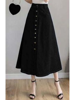 Tripursundari Fashion - Black Open-Front A-Line Maxi Denim High Waist Casual Wear Skirt