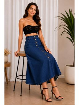 Tripursundari Fashion - Navy Blue A-Line Midi Denim High Waist Flowy Casual Wear Skirt