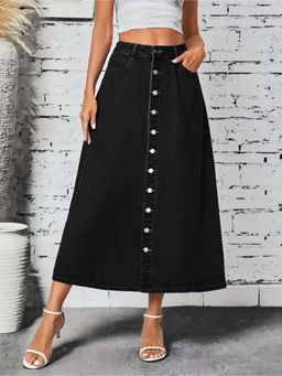 Tripursundari Fashion - Black A-Line Maxi Denim High Waist Flowy Casual Wear Skirt