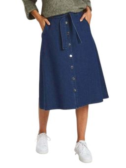 Tripursundari Fashion - Navy Blue A-Line Midi Denim High Waist Skirt