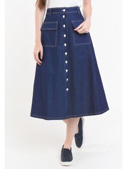 Tripursundari Fashion - Navy Blue A-Line Midi Denim Front Pockets High Waist