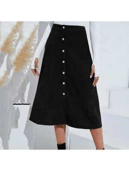 Tripursundari Fashion - Black Plain A-Line Midi Denim High Waist Timeless Skirt