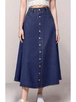 Tripursundari Fashion - Navy Blue A-Line Midi Denim High Waist Comfortable Skirt