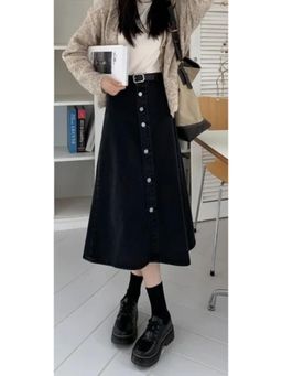Tripursundari Fashion - Black A-Line Midi Denim High Waist Comfortable Skirt