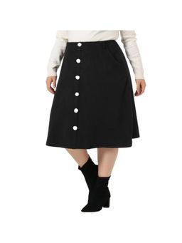 Tripursundari Fashion - Plus Size Black A-Line Midi Denim High Waist Buttoned Skirt