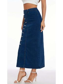 Tripursundari Fashion - Navy Blue Straight Maxi Denim Side Button High Waist Skirt