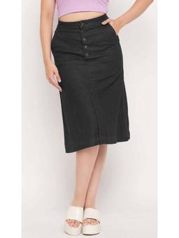 Tripursundari Fashion - Washed Black A-Line Long Denim High Waist Buttoned Skirt