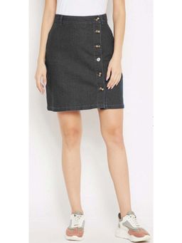 Tripursundari Fashion - Washed Black Straight Mini Denim High Waist Buttoned Skirt