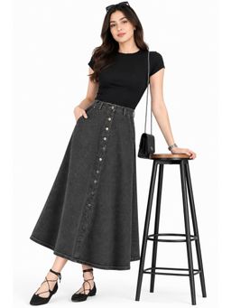 Tripursundari Fashion - Washed Black A-Line Maxi Denim Button Front High Waist Skirt