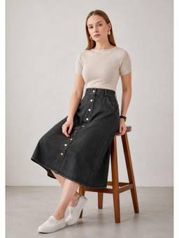 Tripursundari Fashion - Washed Black A-Line Midi Denim Button Front High Waist Skirt