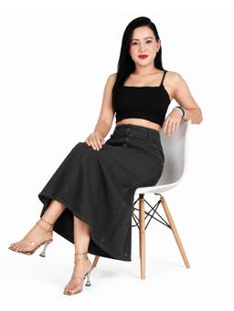 Tripursundari Fashion - Washed Black 4-Button A-Line Maxi Denim High Waist Skirt