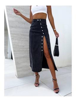 Tripursundari Fashion - Black Straight Midi Denim Side Button High Waist Skirt
