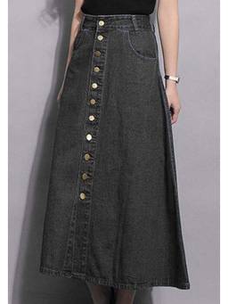 Tripursundari Fashion - Washed Black 10-Button A-Line Maxi Denim High Waist Skirt