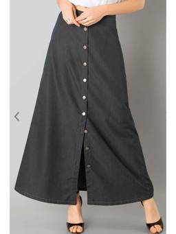 Tripursundari Fashion - Washed Black A-Line Full Maxi Denim High Waist Buttoned Skirt