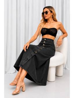 Tripursundari Fashion - Washed Black A-Line Maxi Denim High Waist Skirt