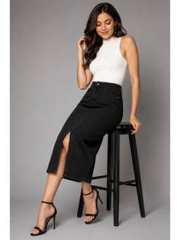 Tripursundari Fashion - Black Straight Long Denim High Waist Buttoned Skirt