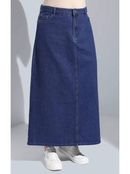 Tripursundari Fashion - Navy Blue A-Line Maxi Denim High Waist Zip Closure Skirt