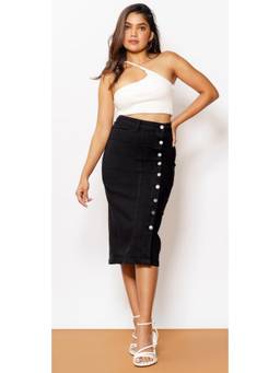 Tripursundari Fashion - Black Straight Denim Side Buttons High Waist Skirt