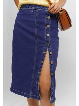 Tripursundari Fashion - Navy Blue Straight Denim Side Buttons High Waist Skirt