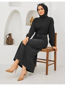 Tripursundari Fashion - Washed Black A-Line Full-Length Maxi Denim High Waist Zip Closure Skirt