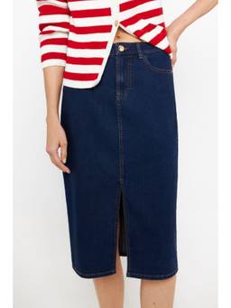 Tripursundari Fashion - Navy Blue Straight Long Denim Side Pockets High Waist Skirt