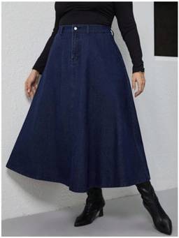 Tripursundari Fashion - Navy Blue A-Line Maxi Denim High Waist Zip Closure Skirt